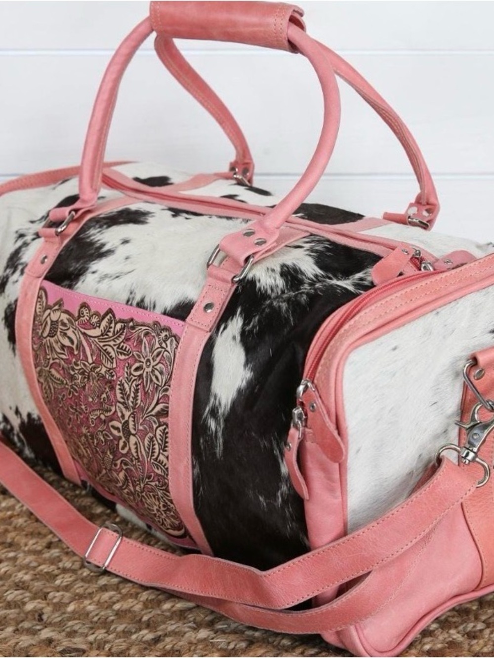Pink Floral Tooled authentic cowhide Leather Tote